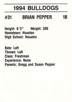 1994 Mississippi State Bulldogs #NNO Brian Pepper Back