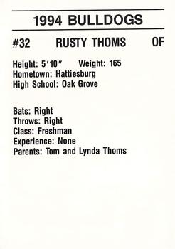 1994 Mississippi State Bulldogs #NNO Rusty Thoms Back
