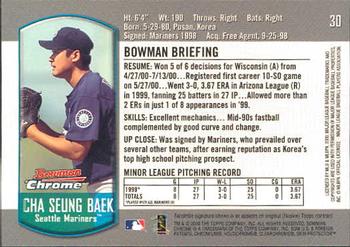 2000 Bowman Chrome Draft Picks & Prospects #30 Cha Seung Baek Back