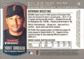 2000 Bowman Chrome Draft Picks & Prospects #40 Yorvit Torrealba Back