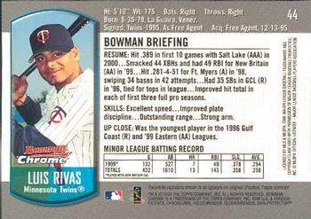 2000 Bowman Chrome Draft Picks & Prospects #44 Luis Rivas  Back