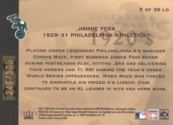 2002 Fleer Premium - Legendary Dynasties Gold #5 Jimmie Foxx  Back