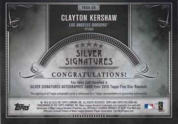 2016 Topps Five Star - Silver Signatures #FSSS-CK Clayton Kershaw Back