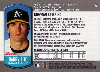 2000 Bowman Draft Picks & Prospects #4 Barry Zito Back