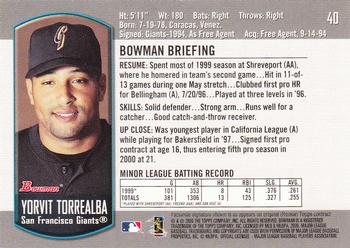 2000 Bowman Draft Picks & Prospects #40 Yorvit Torrealba Back