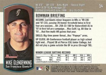 2000 Bowman Draft Picks & Prospects #54 Mike Glendenning Back