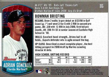 2000 Bowman Draft Picks & Prospects #86 Adrian Gonzalez Back