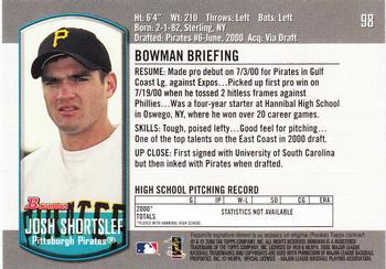 2000 Bowman Draft Picks & Prospects #98 Josh Shortslef Back