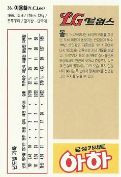 1992 Geumseong LG Twins #36 Yong-Cheol Lee Back