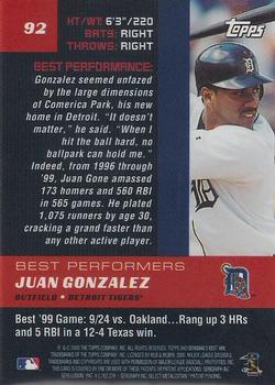 2000 Bowman's Best #92 Juan Gonzalez Back