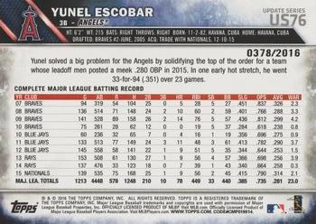 2016 Topps Update - Gold #US76 Yunel Escobar Back