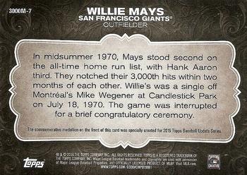 2016 Topps Update - 3000 Hits Club Medallions Gold #3000M-7 Willie Mays Back