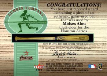 2002 Fleer Tradition - Lumber Company Game Bat #NNO Moises Alou  Back