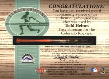 2002 Fleer Tradition - Lumber Company Game Bat #NNO Todd Helton  Back