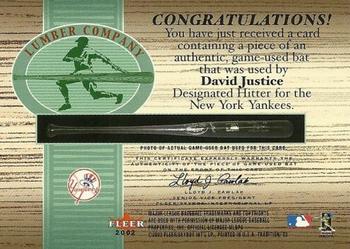 2002 Fleer Tradition - Lumber Company Game Bat #NNO David Justice  Back