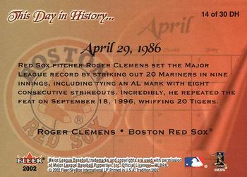 2002 Fleer Tradition - This Day in History #14 DH Roger Clemens  Back