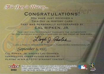 2002 Fleer Tradition - This Day in History Autographs #NNO Cal Ripken Jr. Back