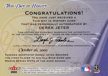 2002 Fleer Tradition - This Day in History Autographs #NNO Derek Jeter Back