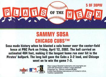 2002 Fleer Tradition Update - Plays of the Week #5 PW Sammy Sosa  Back