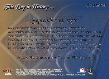 2002 Fleer Tradition Update - This Day In History #U19 TDH Alex Rodriguez  Back