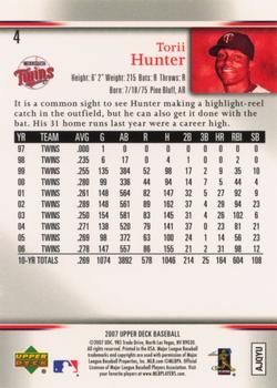 2007 Upper Deck Minnesota Twins SGA #4 Torii Hunter Back