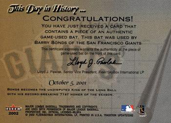 2002 Fleer Tradition Update - This Day In History Game Used #NNO Barry Bonds Back