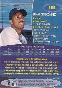 2000 Finest #185 Juan Gonzalez Back