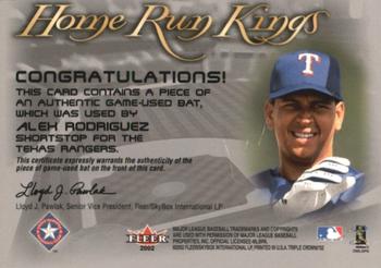 2002 Fleer Triple Crown - Home Run Kings Game Used #NNO Alex Rodriguez Back