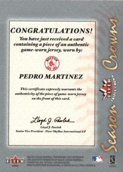 2002 Fleer Triple Crown - Season Crowns Game-Used #NNO Pedro Martinez / Derek Jeter / Cal Ripken Jr. Back
