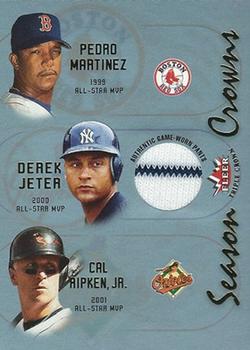 2002 Fleer Triple Crown - Season Crowns Game-Used #NNO Pedro Martinez / Derek Jeter / Cal Ripken Jr. Front