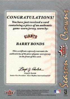 2002 Fleer Triple Crown - Season Crowns Game-Used #NNO Barry Bonds / Jeff Kent / Chipper Jones Back