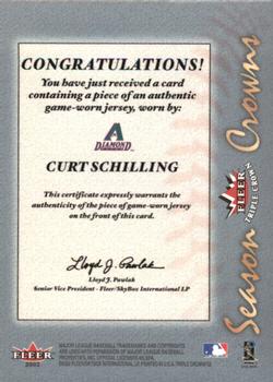 2002 Fleer Triple Crown - Season Crowns Game-Used #NNO Curt Schilling / Tom Glavine / Pedro Martinez Back