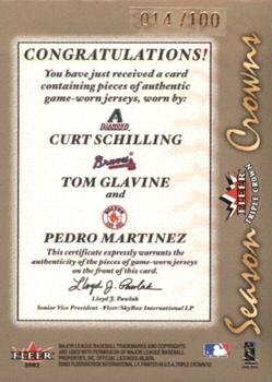 2002 Fleer Triple Crown - Season Crowns Triple Swatch #NNO Curt Schilling / Tom Glavine / Pedro Martinez Back