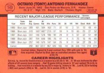 1990 Donruss #149 Tony Fernandez Back