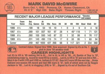 1990 Donruss #185 Mark McGwire Back