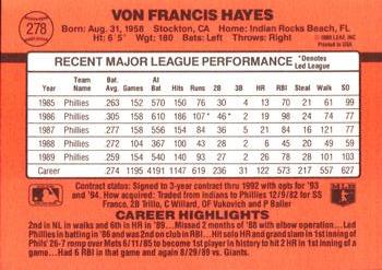 1990 Donruss #278 Von Hayes Back