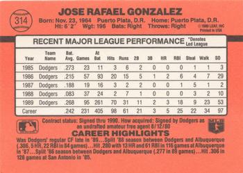1990 Donruss #314 Jose Gonzalez Back