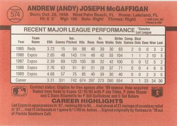1990 Donruss #574 Andy McGaffigan Back