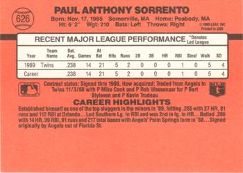 1990 Donruss #626 Paul Sorrento Back