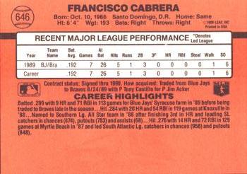 1990 Donruss #646 Francisco Cabrera Back