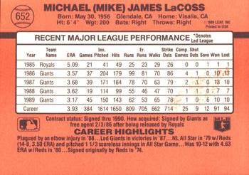 1990 Donruss #652 Mike LaCoss Back