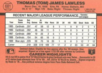 1990 Donruss #681 Tom Lawless Back