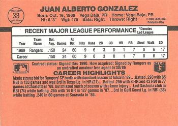 1990 Donruss #33 Juan Gonzalez Back