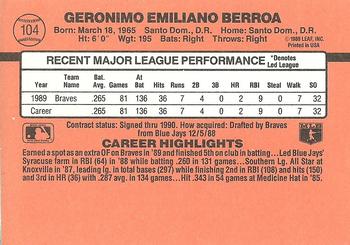 1990 Donruss #104 Geronimo Berroa Back