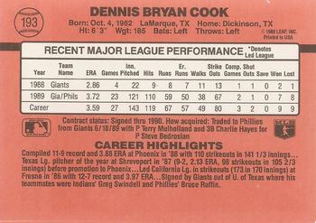 1990 Donruss #193 Dennis Cook Back