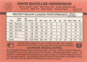 1990 Donruss #243 Dave Henderson Back