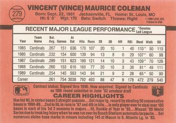 1990 Donruss #279 Vince Coleman Back
