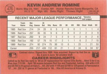 1990 Donruss #476 Kevin Romine Back