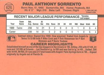 1990 Donruss #626 Paul Sorrento Back