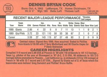 1990 Donruss #193 Dennis Cook Back